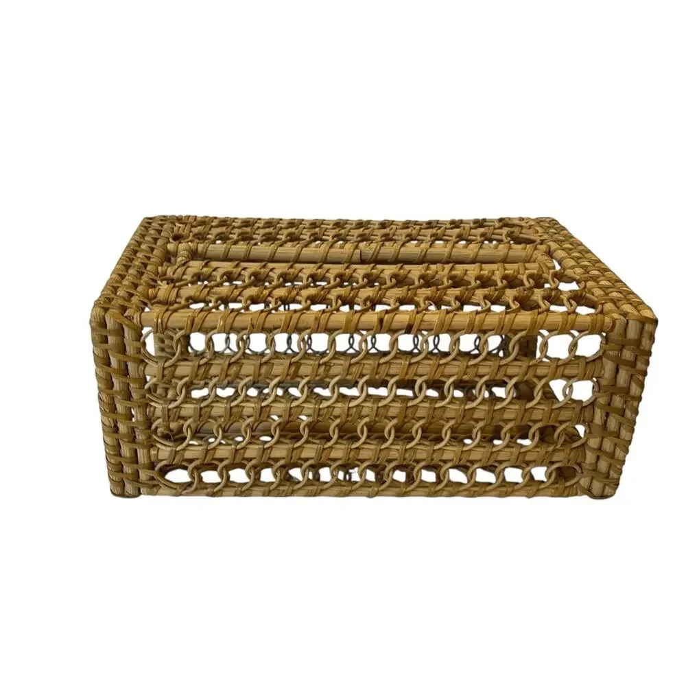 Vintage Wicker Tissue Box Cover Rattan Rectangle Boho Farmhouse Cottage Long